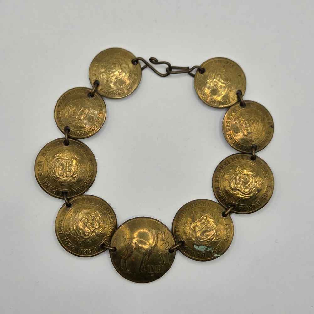 Vintage Peru 1976 1/2 Sol de Oro Coin Bracelet 7.5" Brass Peruvian Jewelry